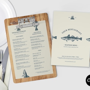 Menú de mariscos Canva A4 // Plantilla de menú de pescado y patatas fritas // Plantilla de menú de restaurante Canva // Plantilla Canva de 2 caras