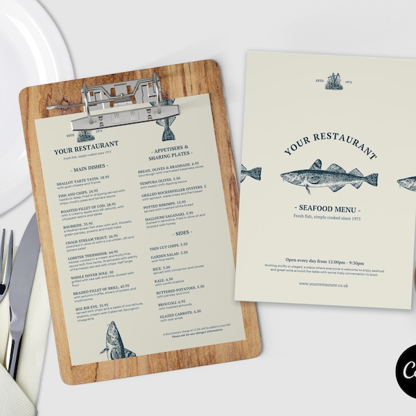 Canva A4 Seafood Menu // Fish & Chip Menu Template // Canva Restaurant Menu Template // 2 Sided Canva Template