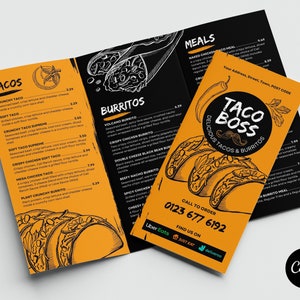 Menú de tacos y burritos de Canva / Plantilla de menú para llevar de tres pliegues / Plantilla de menú de tres pliegues de Canva / Plantilla de menú de tres pliegues de Canva para restaurante *SIN FOTOS*