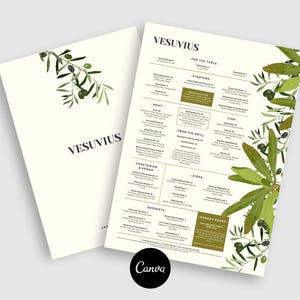 Könnte beinhalten: Zweiseitige Speisekarte für das Restaurant "Vesuvius". Die cremefarbene Speisekarte zeigt Olivenzweig-Illustrationen. Die linke Seite zeigt den Namen des Restaurants. Die rechte Seite listet Gerichte unter Kategorien wie "Vorspeisen" und "Desserts" auf.