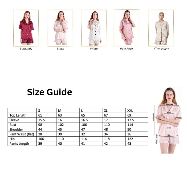 Puede incluir: Tabla de tallas para un conjunto de pijama para mujer con medidas en pulgadas. La tabla muestra las medidas para las tallas S, M, L, XL y XXL. Las medidas incluyen la longitud de la parte superior, la longitud de la manga, el busto, el hombro, la cintura del pantal&oacute;n, la cadera y la longitud del pantal&oacute;n.