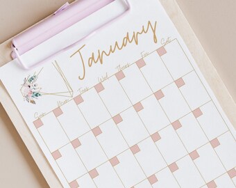 Undated Monthly Calendar Printable Planner, Blank Sunday Monday Start Month Inserts for Boho Modern