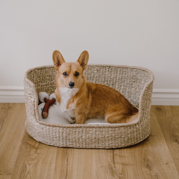 Woven Pet Bed with Cushion - Seagrass Wicker Pet Bed, Organic Cotten Blend Cushion, Washable Removable Cover, Dog Bed, Cat Bed