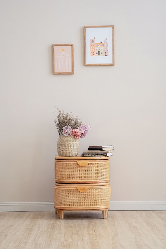 Handmade Bedside Table With Drawers, Baby Keepsake, Nursery Decor, Bohemian, Rattan Seagrass