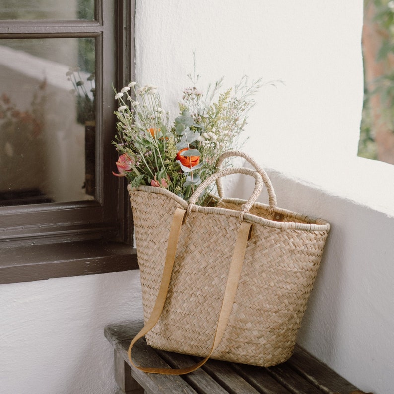 40% OFF SALE French Market Bag - France Genuine Leather Straps and Woven Handles, Large Handmade Seagrass Tote, Straw Beach Bag, Storage 