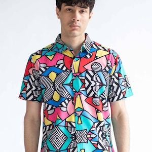 Striped Geo Shapes Button Up Shirt | 80s and 90s Button Up Shirt | Retro Button Up (S-XL) | 90s Theme Party Shirt