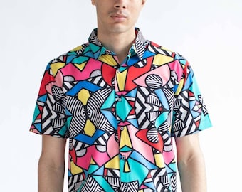 Striped Geo Shapes Button Up Shirt: 90s Retro Party (S-XL)