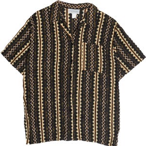 May include: Short-sleeved button-down shirt with a vertical striped pattern in black, brown, and cream. The shirt has a collar, a chest pocket, and the brand name "Impressions" on the label.