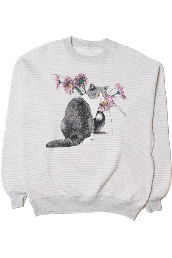 Vintage Cat With Flowers Thin Striped Sweatshirt