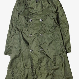 May include: A long, green, double-breasted raincoat with a large collar and multiple buttons.