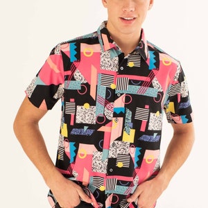 Belding Geo Static Button Up Shirt | 80s and 90s Button Up Shirt | Retro Button Up (S-XL) | 90s Theme Party Shirt