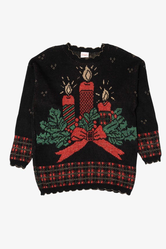 Vintage Black Holiday Time Candles Ugly Christmas Pullover (1990s)