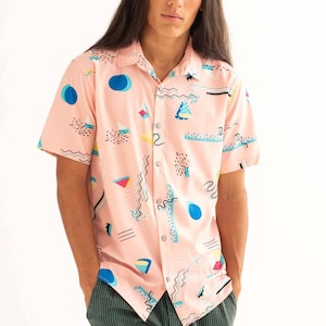 90s Pink Doodles Button Up Shirt | Pink Button Down 90s Theme Party | Retro Inspired Patterns (S-XL)