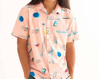 90s Pink Doodles Button-Up Shirt: Retro Theme Party (S-XL)