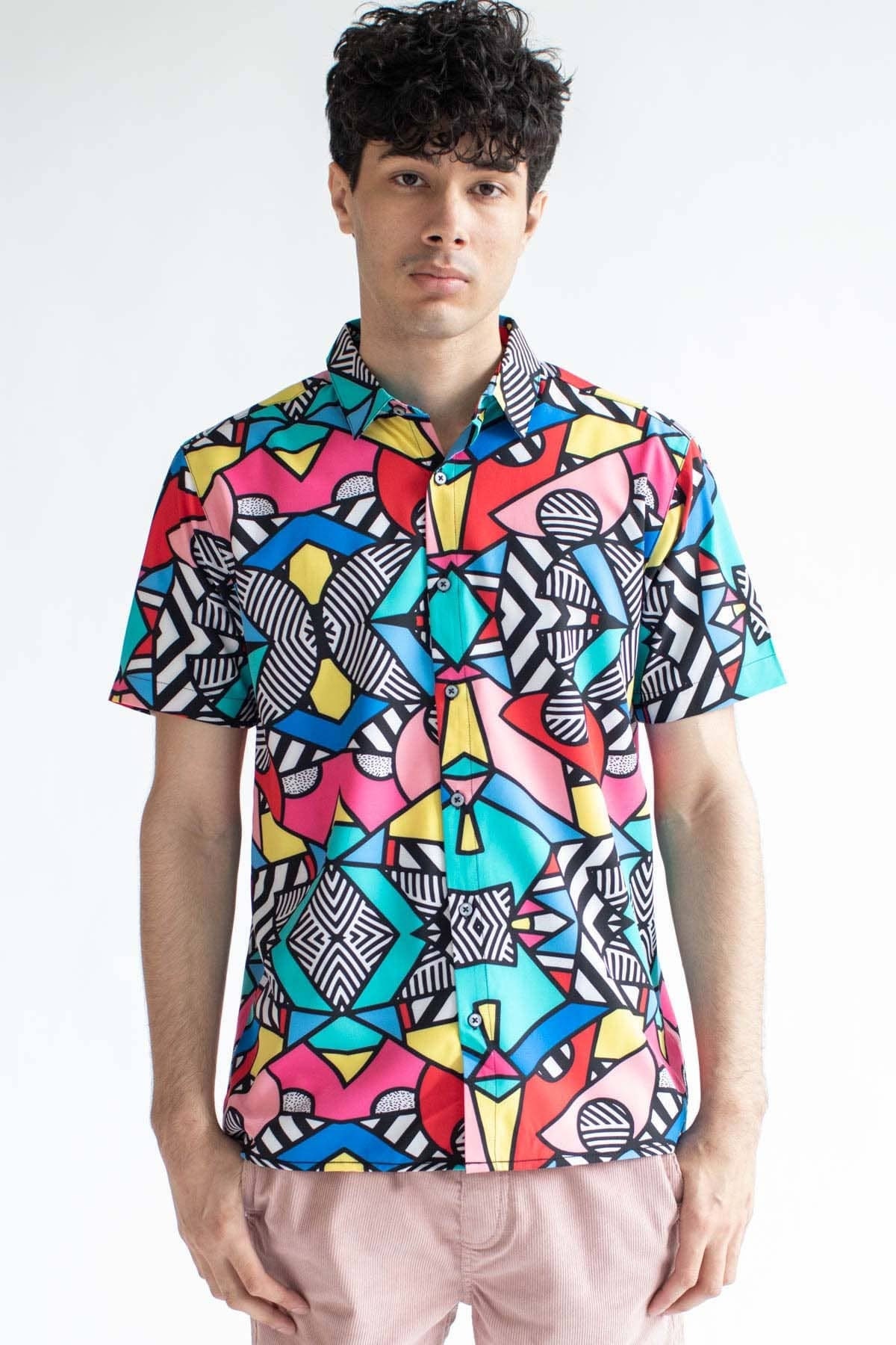 トップス 90s cityboy covington s/s rayon shirt Striped Geo Shapes Button up Shirt: 90s Retro Party (S-XL