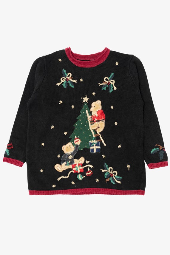Vintage Black Nutcracker Bears Tree Decorating Ugly Christmas Pullover (1990s)