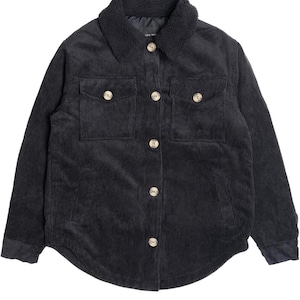 May include: Dark grey corduroy jacket with a black faux-shearling collar. The jacket has two chest pockets, large buttons, and a button-up front. The jacket is a dark charcoal colour.