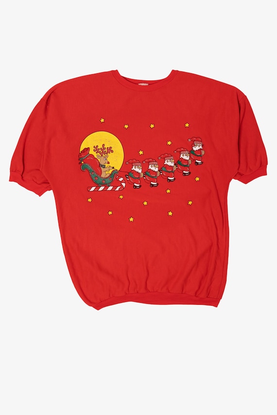 Vintage Red Santa Pulling Reindeer Santa Ugly Christmas Pullover (1990s)