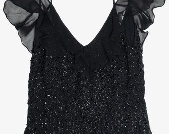 Vintage Y2K Beaded Silk Papell Boutique Flutter Sleeve Tank Top