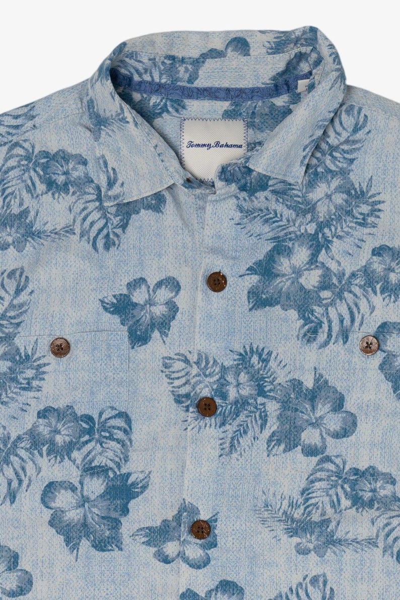 Vintage Blue Tommy Bahama Silk Hawaiian Button Up Shirt (2000s)