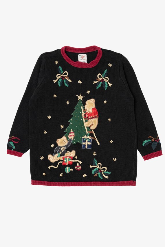 Vintage Black Nutcracker Bears Decorating Tree Ugly Christmas Pullover (1990s)