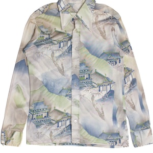 Vintage Palladium Seidiges Button Up Top mit südostasiatischem Print