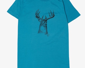 Vintage blauw T-shirt met hertenbok, enkele steek (jaren 80)