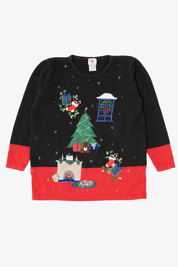 Vintage Black Nutcracker Presents Under Tree Ugly Christmas Pullover (1990s)