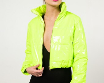 Neon Lime Crop Puffer Jacket - Etsy