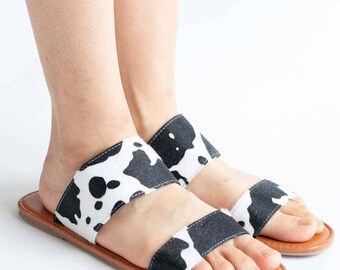 cow print double bow sandals