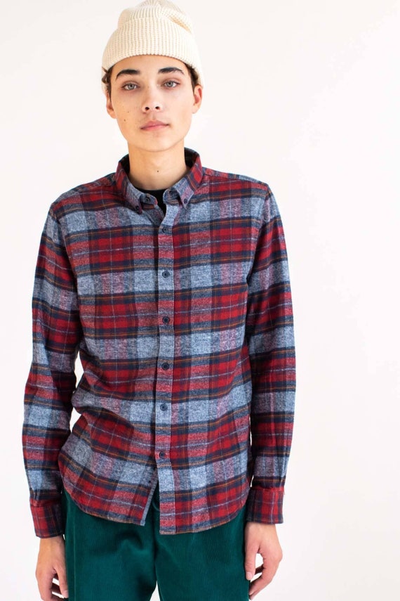 Red \u0026 Grey Brushed Plaid Flannel Button 