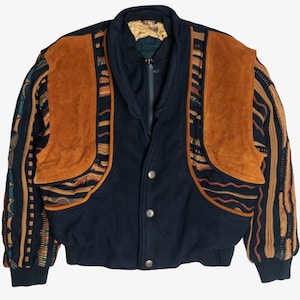 Vintage Roger Springfield's Leather And Coogi-Style Knit Patchwork Bomber Jacket (1980s)
