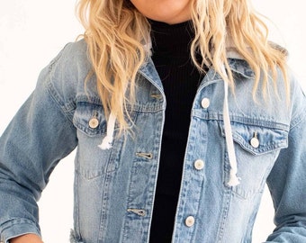 Light Wash Cropped Hooded Denim Jacket