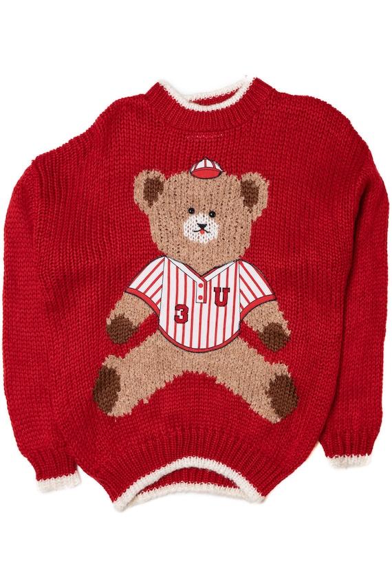 Vintage Baseball Teddy Bear Hand Knit Sweater