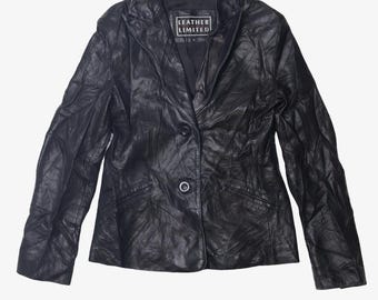 May include: A black leather blazer with a single button closure and a label that reads "Leather Limited".