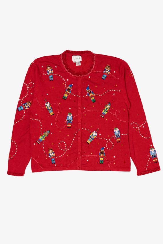 Vintage Y2k Lightweight Red Just B Nutcrackers Ugly Christmas Cardigan (2000s)