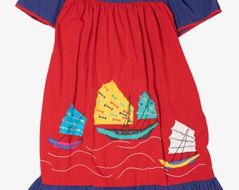 Vintage Red And Navy Blue Muumu Style Sailboats Silvercord Dress (1990s)