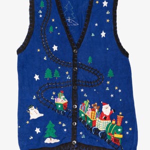 Gilet de Noël moche vintage bleu Bobbie Brooks Presents (années 1990)