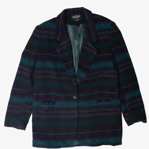 May include: A vintage blazer with a teal, burgundy, and dark green striped pattern. The blazer has a notched lapel, a single-button closure, and two front pockets. The lining is a solid dark green color. The blazer is a medium weight.