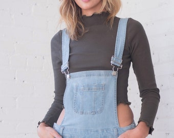 Light Wash Cuffed Denim Overall Shorts 