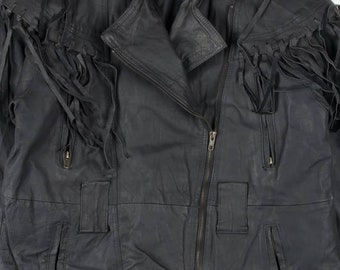 May include: Black leather jacket with fringe detailing on the shoulders and sleeves. The jacket has a zipper closure and multiple pockets. The label on the jacket reads "COMINT".