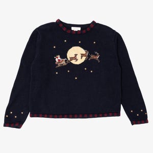Vintage marinblå Christopher & Banks jultomte flyger i släde ful jultröja (1990-talet)