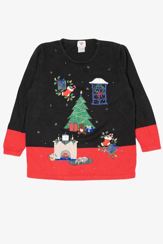 Vintage Black Nutcracker Fireplace Ugly Christmas Pullover (1990s)