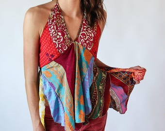 Patchwork Neckholder Top - Einheitsgröße Top - Verstellbares Binde Top - Einzelstück - Die Stoffzusammensetzung kann variieren - Verschiedene Muster