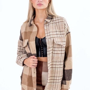 Brown Spliced Plaid Shacket