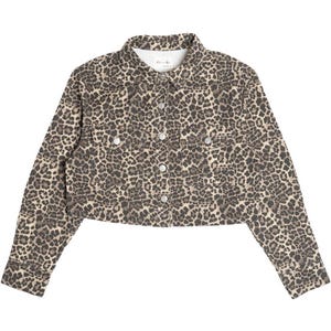May include: A cropped denim jacket with a leopard print pattern. The jacket has a button-up front, long sleeves, and two pockets.