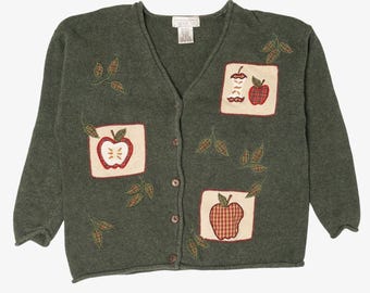 Vintage Green Mandal Bay Autumn Apple Teacher Cardigan Sweater (1990s)