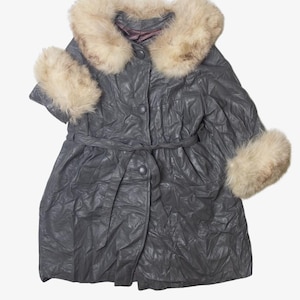 Vintage Faux Fur trim Silver Leather Coat