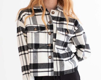 Black Oversized Cropped Plaid Shacket