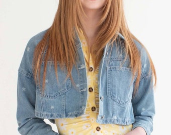Daisy Print Cropped Denim Jacket